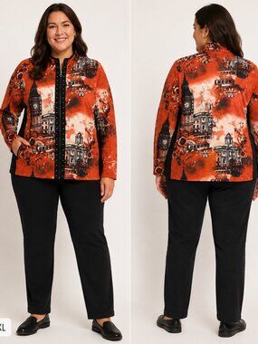 Onque Petite London City Skyline Full Zip Jacket Orange Black Size PXL